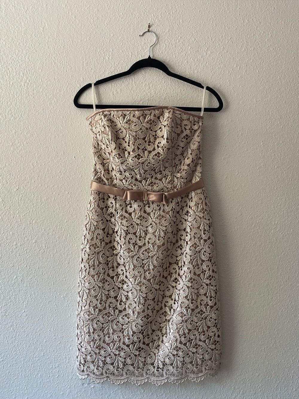 Jessica McClintock 6P Strapless Lace Cocktail Dress Champagne Gold Bow Petite